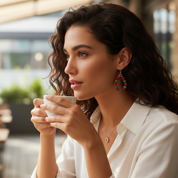 Handcrafted Holiday Red And Green Wreath Wire Dangle Earrings - Picture 4 of 6